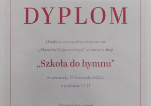 Dyplom - Szkoła do hymnu - 2022