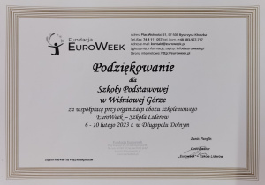 Podziękowanie dla SP Wiśnioiwa Góra - EuroWeek