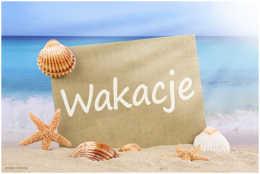 Obrazek z muszelkami, morzem i napisem "wakacje"