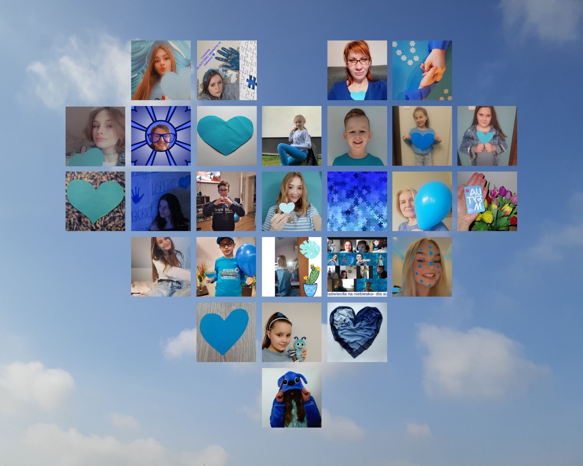 Kolaż w kształcie serca ze zdjęciami uczniów i nauczycieli, których moywem jest kolor niebieski.
