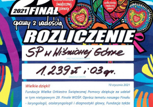 Plakat WOŚP - opis zawartości Wielka Orkiestra Świątecznej Pomocy Rozliczenie SP w Wiśniowej Górze: 1239,03 zł. Wielkie dzięki! Fundacja Wielka Orkiestra Świątecznej Pomocy dziękuje za udział w tym nietypowym 29, Finale WOŚP. Oprócz tematu naszego Finału - laryngologii, otolaryngologii i diagnostyki głowy, Fundacja także cały czas pomaga szpitalom i innym placówkom medycznym walczyć ze skutkami pandemii. Każda złotówka, która wpływa na nasze konto pomaga nie tylko realizować nasze cele, ale i wspierać Polaków w ich codziennej walce z COVID-19. Bardzo dziękujemy za to wsparcie. Serdecznie pozdrawiamy i życzymy zdrowia! 10 stycznia 2021