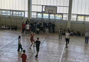 Uczniowie grający w siatkówkę.