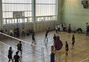 Uczniowie grający w siatkówkę.