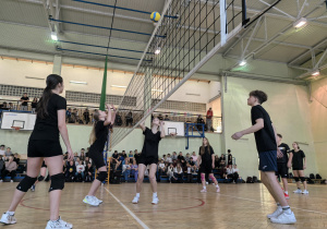 Uczniowie grający w siatkówkę.