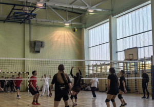 Uczniowie grający w siatkówkę.