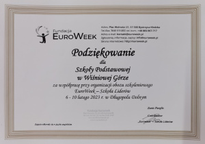 Podziękowanie dla SP Wiśnioiwa Góra - EuroWeek
