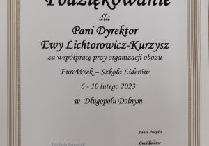 Podziękowanie dla p. dyrektor Ewy Lichtorowicz-Kurzysz - EuroWeek
